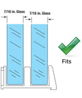 Diagram showing Sliding Shower Door Bottom Guide, 1/2 In. Channels, Plastic Construction, Clear, Adhesive Backing (2 Pack) fitting sizes.
