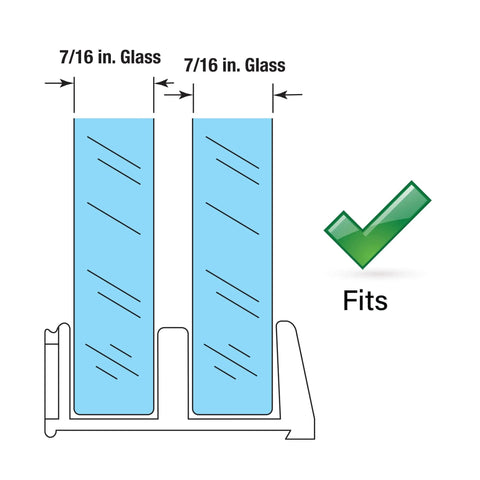 Diagram showing Sliding Shower Door Bottom Guide, 1/2 In. Channels, Plastic Construction, Clear, Adhesive Backing (2 Pack) fitting sizes.