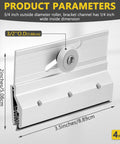 Close-up of Frameless Shower Door Top Bracket Roller Assembly Four Pack For One Quarter Inch Glass with wheels and dimensions.