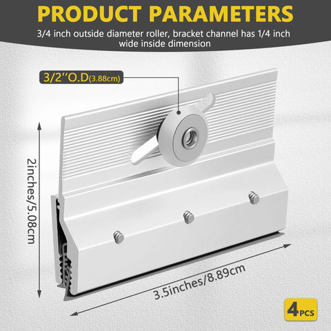 Close-up of Frameless Shower Door Top Bracket Roller Assembly Four Pack For One Quarter Inch Glass with wheels and dimensions.