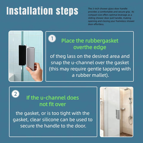3 Inch Universal Shower Glass Door Handle Replacement installation steps for frameless doors and tub enclosures with rubber gasket.