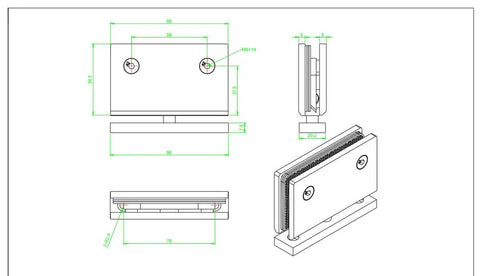 Technical drawing of Heavy Duty 360 Degree Shower Glass Door Pivot Hinge in 304 stainless steel for 8mm to 12mm glass installation