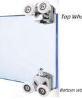 Shower Door Rollers Replacement Set with 23mm Zinc Alloy Wheels, shown installed on curved glass door with top and bottom wheels.