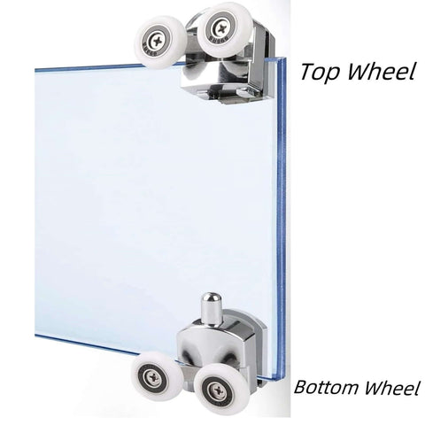 Shower Door Rollers Replacement Set with 23mm Zinc Alloy Wheels, shown installed on curved glass door with top and bottom wheels.