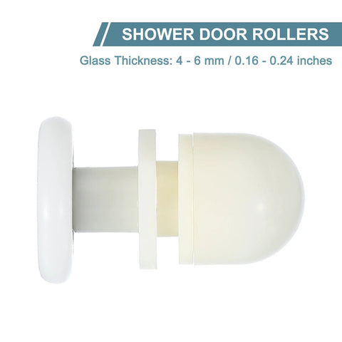 Side view of Shower Door Rollers 25Mm Wheel Replacement For Sliding Glass Doors 4 To 6 Mm Thick White Nylon Wheels 12 Pieces Durable Plastic Runners with 9 Mm Groove Diameter For Bathroom Glass Panels.