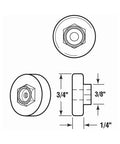 Diagram of Three Quarters Inch Diameter Shower Door Roller with flat edge nylon tire, steel ball bearings, and threaded hex head hub.