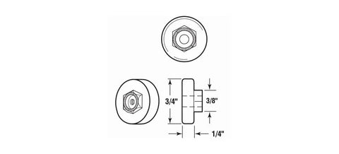 Diagram of Three Quarters Inch Diameter Shower Door Roller with flat edge nylon tire, steel ball bearings, and threaded hex head hub.