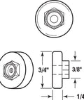 Technical diagram of Three Quarters Inch Diameter Shower Door Roller with flat edge nylon tire, steel ball bearings, and hex head hub