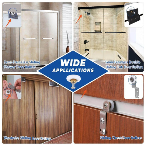 Various applications of 23mm Shower Door Rollers Replacement Set with 304 stainless steel runners in glass shower and closet doors.