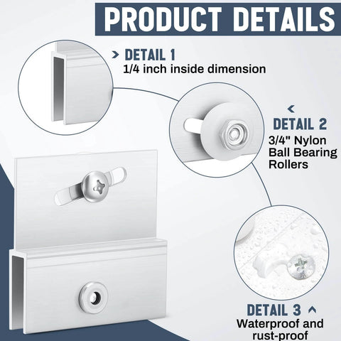 4 pcs M 6054 frameless shower door rollers top bracket assembly details, 3/4 inch round plastic wheel, chrome aluminum, waterproof.