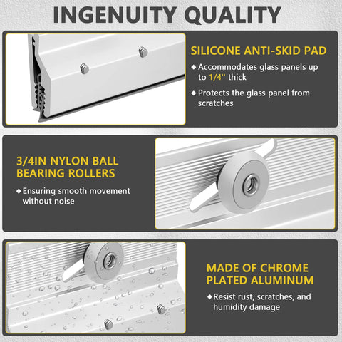 Frameless Shower Door Top Bracket Roller Assembly Four Pack For One Quarter Inch Glass With Three Quarter Inch Round Plastic Wheels Steel Ball Bearings Extruded Aluminum And Chrome Finish Replacement Parts For Smooth Sliding Performance with nylon ball bearing rollers and chrome plated aluminum.