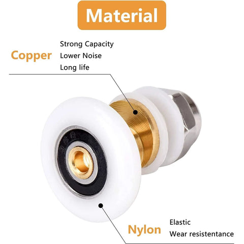 4 Pcs Shower Door Rollers Set 20mm Diameter For Glass Sliding Doors Replacement, showing copper and nylon materials