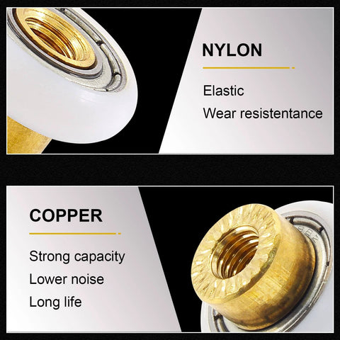 Close-up of nylon and copper components of 4PCS Shower Door Roller Runners 19mm Sliding Replacement Wheels for Bathroom Glass Doors
