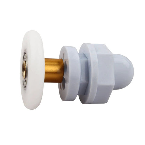 Close-up of 4PCS 19mm shower door rollers replacement with copper rod pulley, nylon runners, stainless steel hardware.