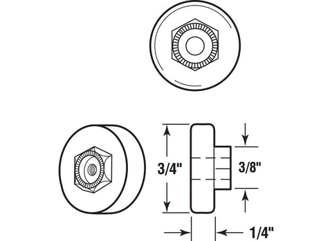 Diagram of Three Quarters Inch Diameter Shower Door Roller With Flat Edge Nylon Tire, Steel Ball Bearings And Threaded Hex Head Hub