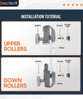 Installation tutorial for 8 Pcs Shower Door Rollers Replacement Set with 23mm single wheels, showing upper and lower roller setup on glass doors.