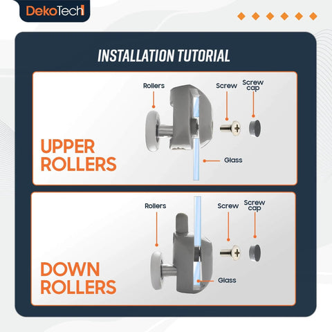 Installation tutorial for 8 Pcs Shower Door Rollers Replacement Set with 23mm single wheels, showing upper and lower roller setup on glass doors.