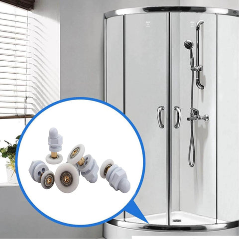 4PCS 23mm shower door rollers replacement with copper rod pulley, nylon runners and stainless steel hardware next to shower enclosure.