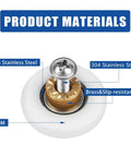 Product materials of 23mm Shower Door Rollers Replacement Set with 304 stainless steel, brass slip-resistance, and POM components shown.