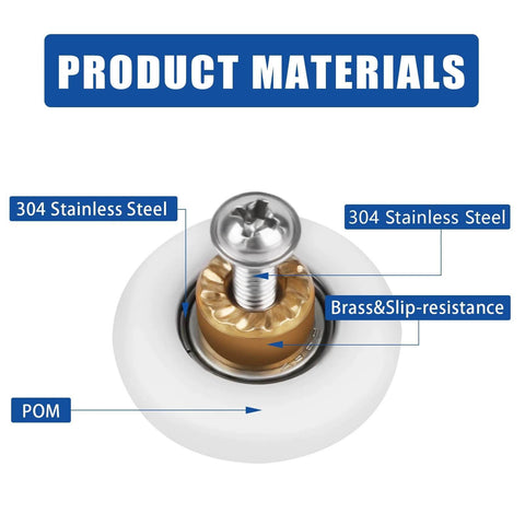 Product materials of 23mm Shower Door Rollers Replacement Set with 304 stainless steel, brass slip-resistance, and POM components shown.