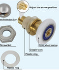 23mm Shower Door Rollers Replacement 4PCS Set for Bathroom Glass Sliding Doors showing components: copper axis, nylon wheel bearing, screw protection cap, screw nut, and plastic ring.