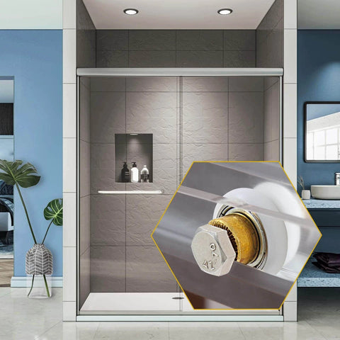 Close-up of 4PCS Shower Door Roller Runners 19mm Sliding Replacement Wheels on bathroom glass door with copper roller detail.