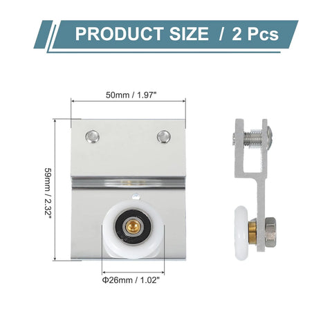 Frameless Sliding Shower Door Roller Replacement Set With Aluminum Alloy Flat Edge Wheels 26mm Diameter For 8 To 10mm Thick Glass Silver Finish Durable 2 Pack For Bathroom Glass Doors Easy Install And Smooth Operation, showing front and side view measurements.