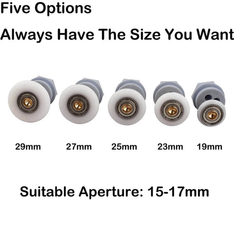 Five sizes of shower door rollers for glass doors, ranging from 19mm to 29mm with copper rod pulleys, suitable aperture 15-17mm.