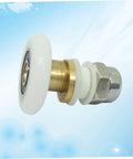 Close-up of stainless steel sliding door hanging roller from 4 pcs set for smooth cabinet and shower doors.