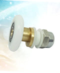 Close-up of a single Sliding Door Hanging Roller showing white ABS wheel and stainless steel axle from 4 Pcs Set for Shower RV Bathroom Cabinet.