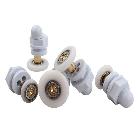4PCS 19mm shower door rollers replacement with copper rod pulley, nylon runners and stainless steel hardware, shown in a set of four.