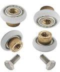Four Sets 23mm Shower Door Rollers With Screws Replacement Wheels For Bathroom Sliding Doors Includes Copper Construction For Long Lasting Durability And Smooth Quiet Operation Fits Most Standard Shower Enclosures visible from above showing rollers and screws detail.