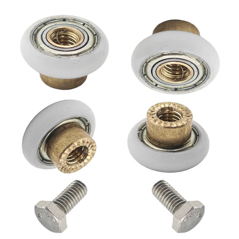 Four Sets 23mm Shower Door Rollers With Screws Replacement Wheels For Bathroom Sliding Doors Includes Copper Construction For Long Lasting Durability And Smooth Quiet Operation Fits Most Standard Shower Enclosures visible from above showing rollers and screws detail.