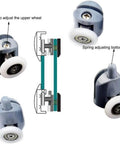 Diagram of 8 Pcs Shower Door Rollers Replacement Set with 25mm wheels, featuring single top and bottom runners for smooth glide on glass doors.