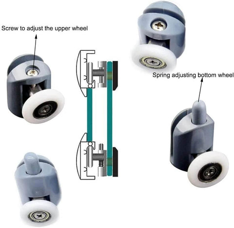 Diagram of 8 Pcs Shower Door Rollers Replacement Set with 25mm wheels, featuring single top and bottom runners for smooth glide on glass doors.