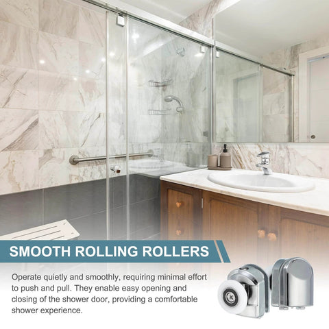 Bathroom with glass shower enclosure showing 25mm shower door rollers replacement set with single runners wheels and pulleys, silver finish.