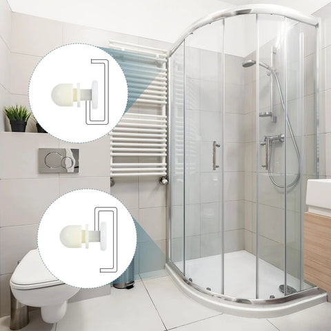 Shower Door Rollers 25Mm Wheel Replacement For Sliding Glass Doors 4 To 6 Mm Thick White Nylon Wheels shown installed in bathroom.