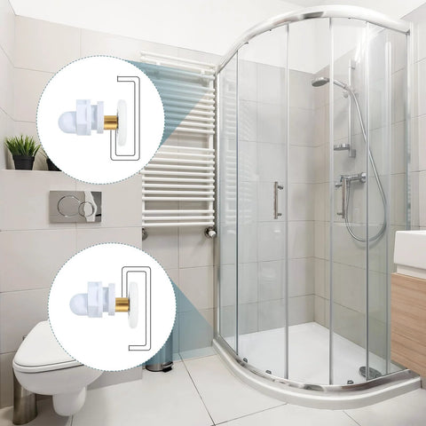29mm Shower Door Rollers For Sliding Glass Doors Replacement Wheels Runners Copper Rod Pulleys For Bathroom Glass Doors 4 To 6 Mm Thick Glass With 15 To 17 Mm Hole Spacing Pack Of 4 White shown installed on a curved shower enclosure.
