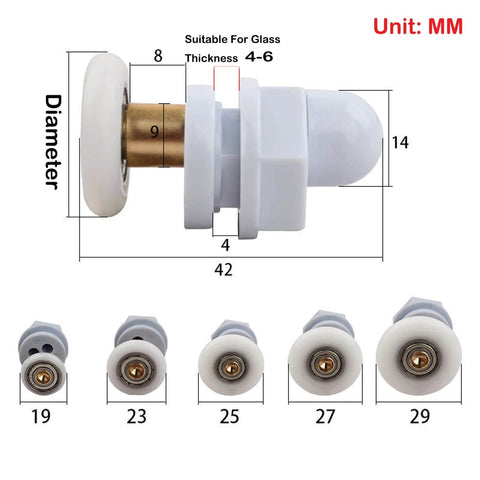 4PCS 19mm shower door rollers replacement with copper rod pulley, nylon runners, stainless hardware, size chart included