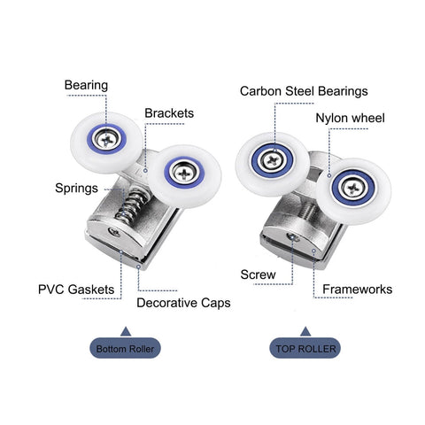 Diagram of 26mm Shower Door Rollers 4PCS Double Twin Top and Bottom Replacement Wheels for Sliding Shower Doors, labeled parts.