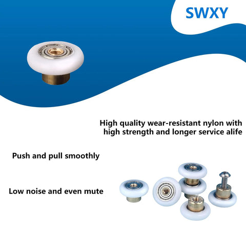 Shower Door Rollers Replacement Runners 25mm Diameter 6pcs with nylon wheels brass cores and strong screws displayed