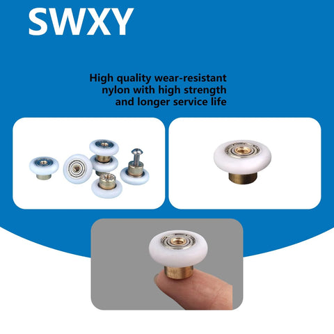 Close-up view of Shower Door Rollers Replacement Runners 25mm Diameter 6pcs with nylon wheels, brass cores, and screws.