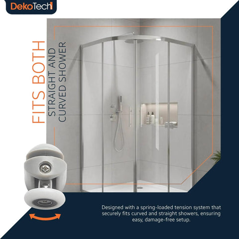 8 Pcs Shower Door Rollers Replacement Set with spring-loaded action, shown with curved glass shower door installation.