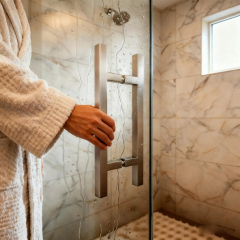 Square Ladder Pull Back to Back Handle for Frameless Shower Doors Brushed Nickel 304 Stainless Steel H Shape Tube 6 Inch Center to Center Suitable for Glass One Quarter Inch to One Half Inch Thickness Replacement Hardware