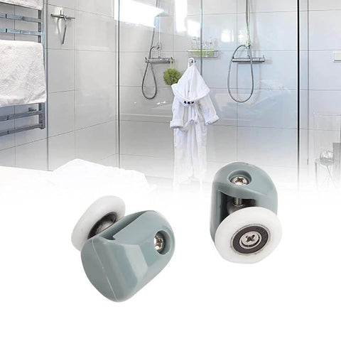 Upper Shower Door Rollers Set of 4 Single Wheel Runners for Sliding Glass Doors, shown against a bathroom with 5mm and 6mm glass compatibility.