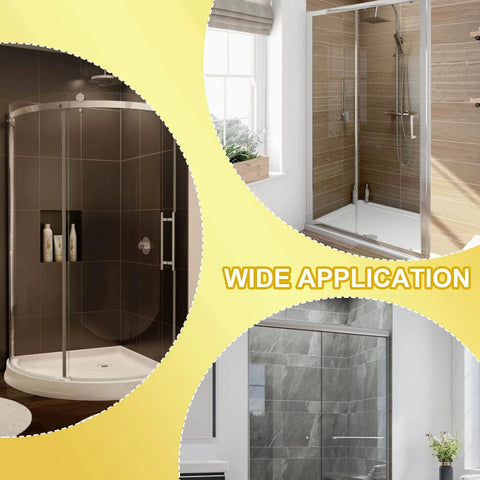Collage of shower enclosures with text 'Wide Application' highlighting various bathroom settings for 4PCS Shower Door Roller Runners 19mm Sliding Replacement Wheels for Bathroom Glass Doors with Smooth Quiet Pulley Design POM and Copper Rollers for 4–6mm Shower Door Systems.