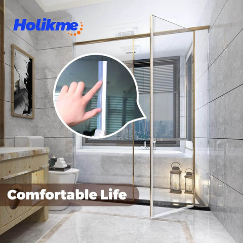 Weather Stripping Door Seal Strip 33 Feet install view, sealing tape on shower door, improves insulation and comfort.