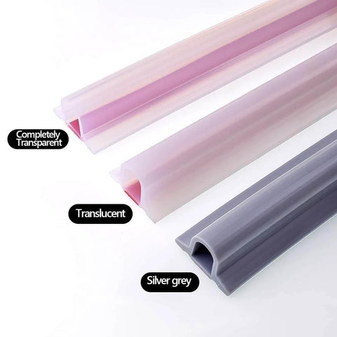 67 Inch Collapsible Shower Threshold Water Dam in transparent, translucent, and silver grey colors, ideal for wheelchair accessible showers.