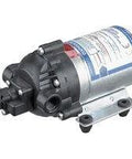 ShurFlo 12VDC Diaphragm Demand Pump with Electrical Pkg (8007-593-836), black poly housing, metal base, side view