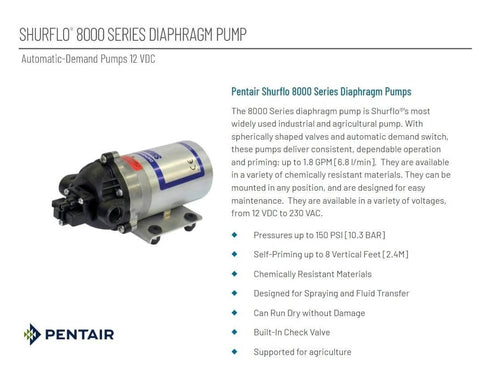 Pentair SHURflo 8000-543-236 12V automatic-demand diaphragm pump delivering 1.8 GPM at up to 50 PSI, with Viton valves and 3/8 in NPT ports.
